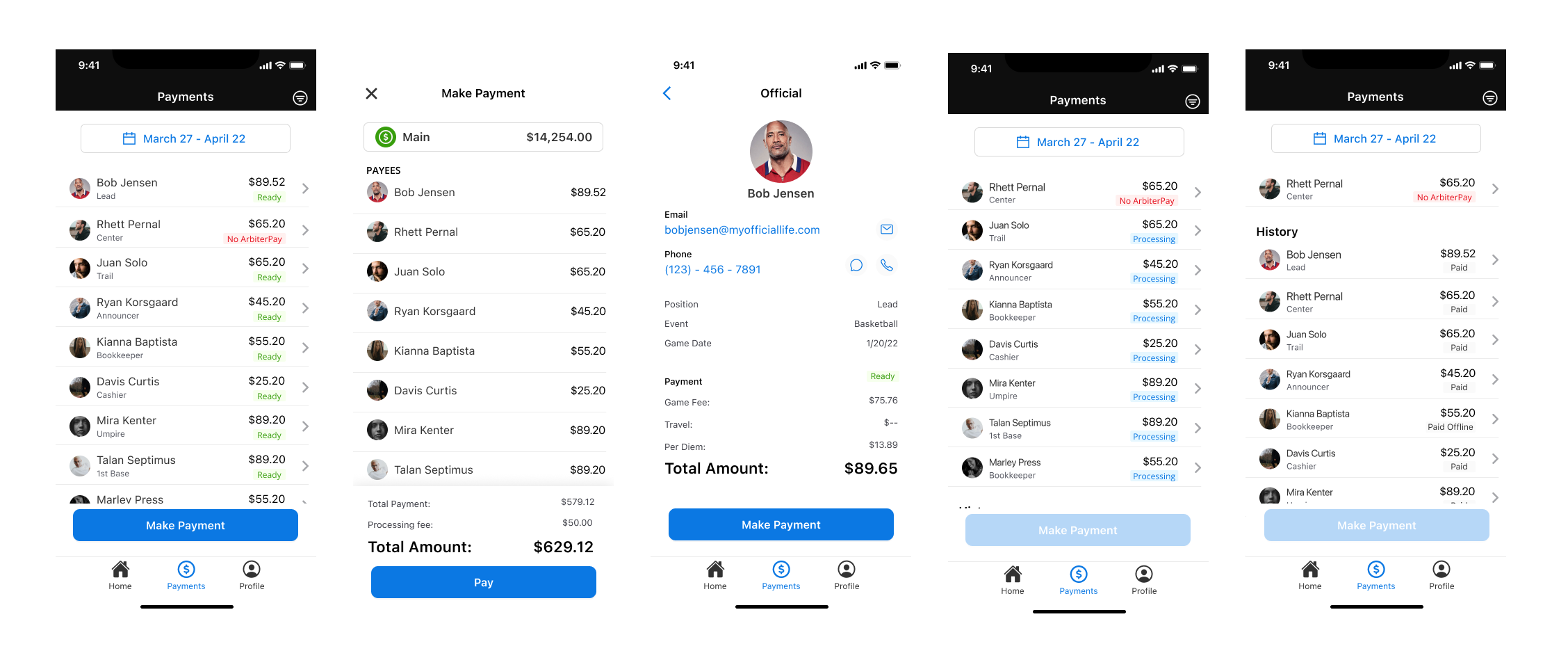 Payments tab high-fidelity UI design