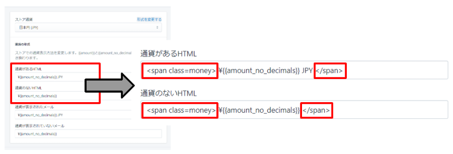 通貨の形式変更画面