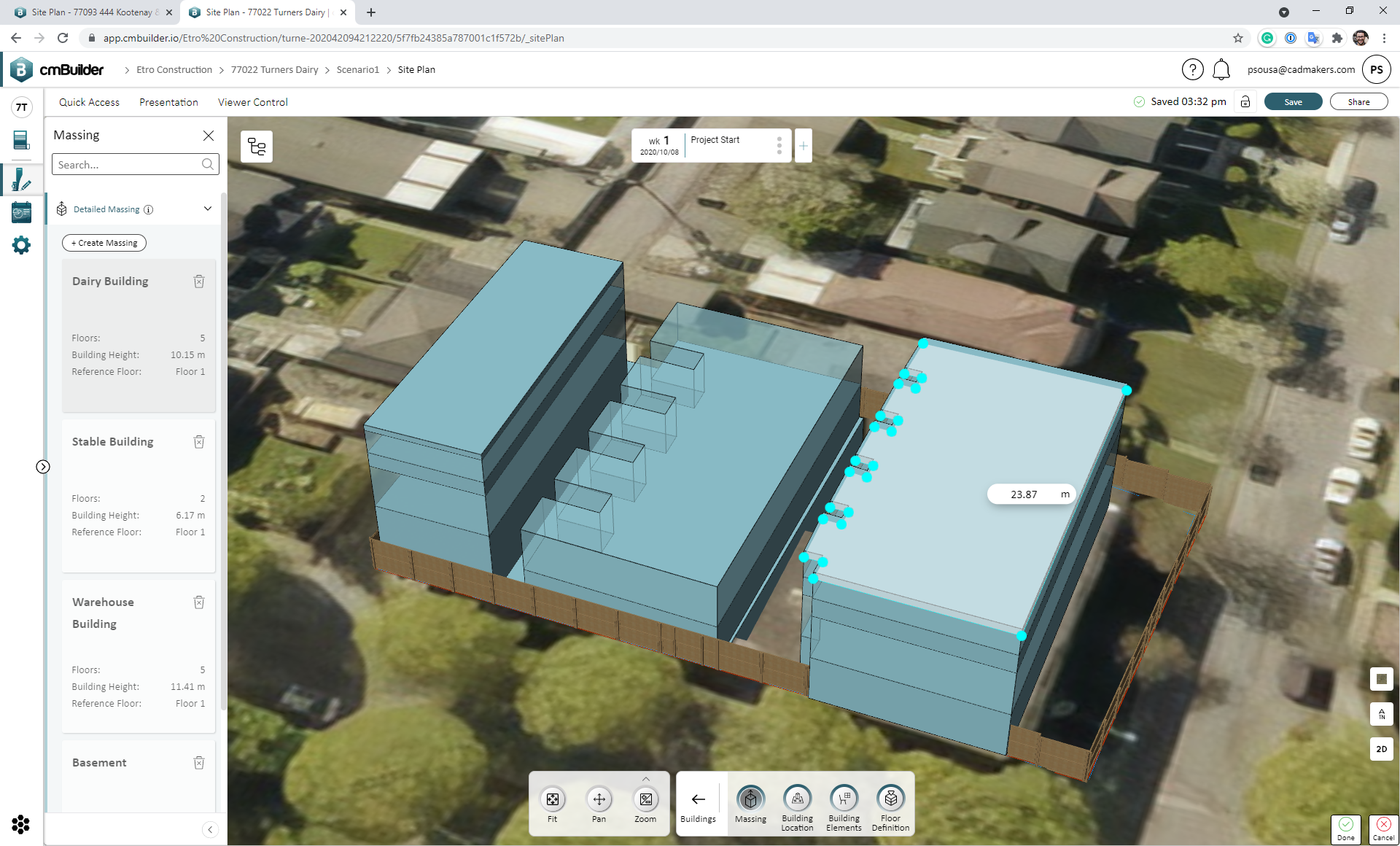 Create a low-detail representation of the building using the massing feature on cmBuilder.io