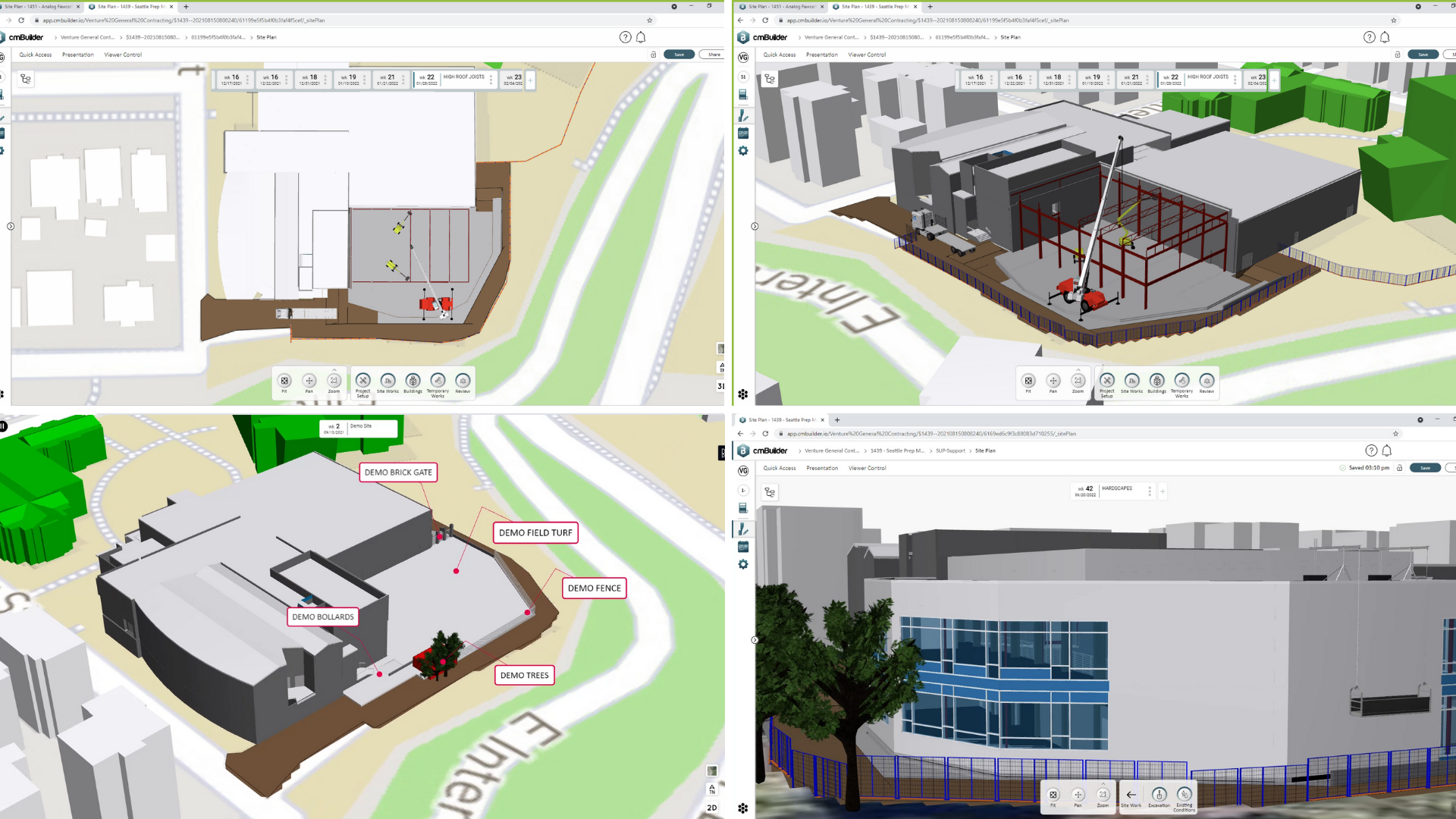 2D plan, 3D model walkthrough, and 4D schedule visualization on cmBuilder.io
