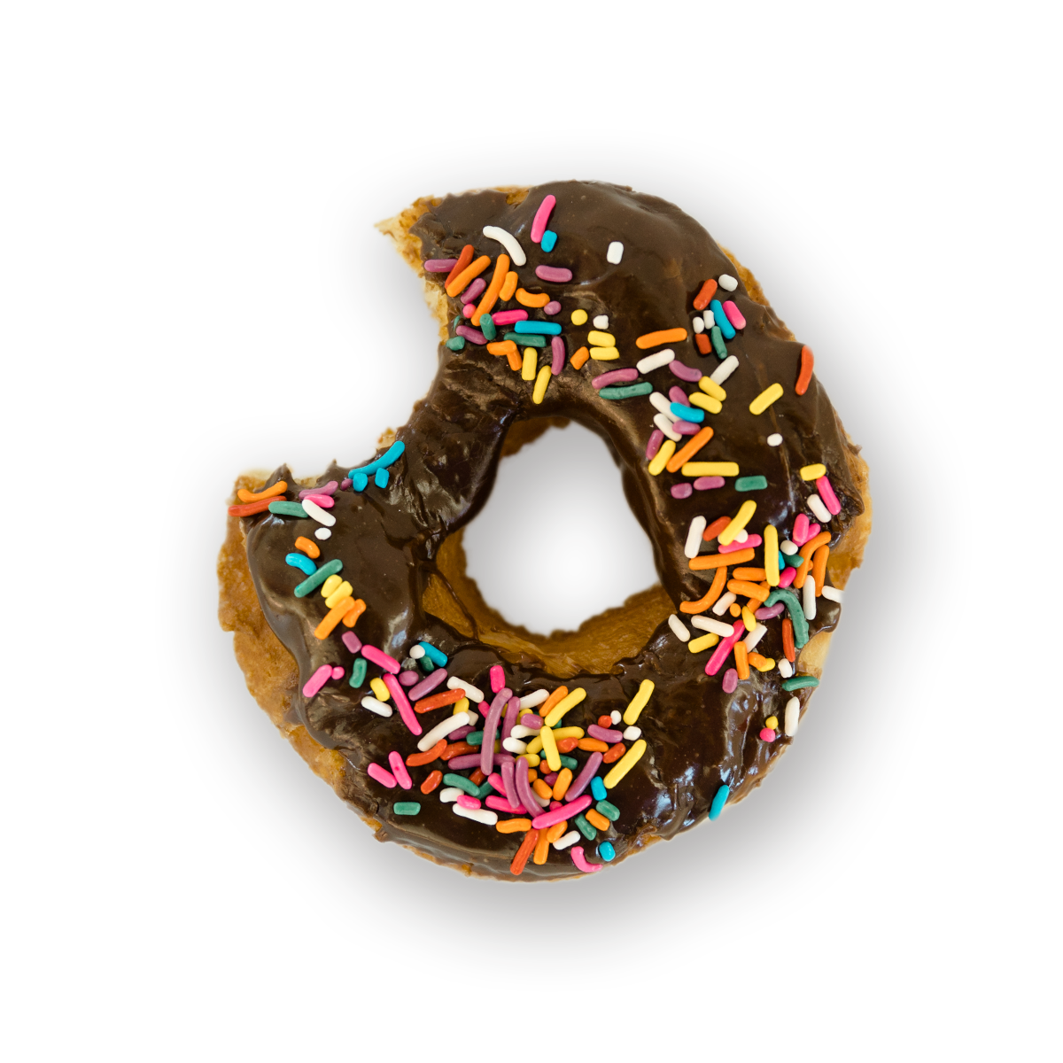 Chocolate sprinkle donut with a bite taken out