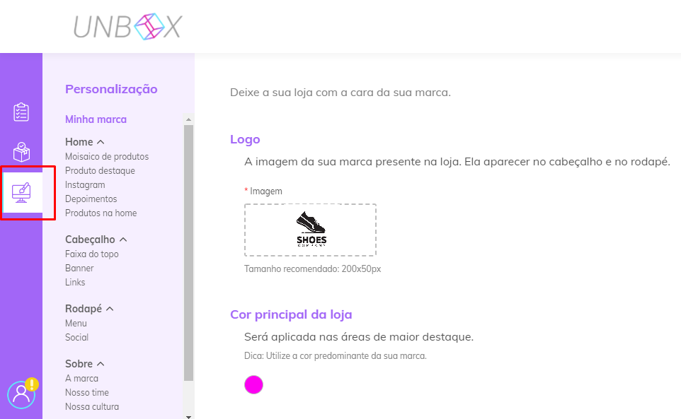 Página inicial da Personalização Unbox