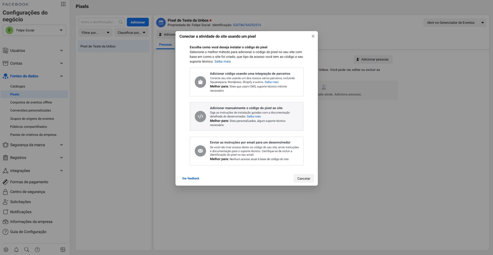 Clique em Adicionar manualmente o código do Pixel.