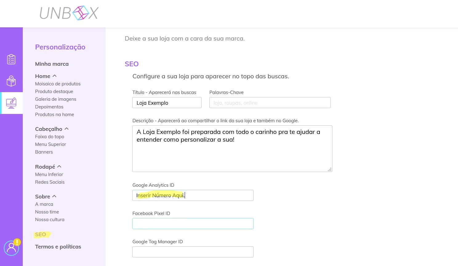 Cadastre o código em SEO