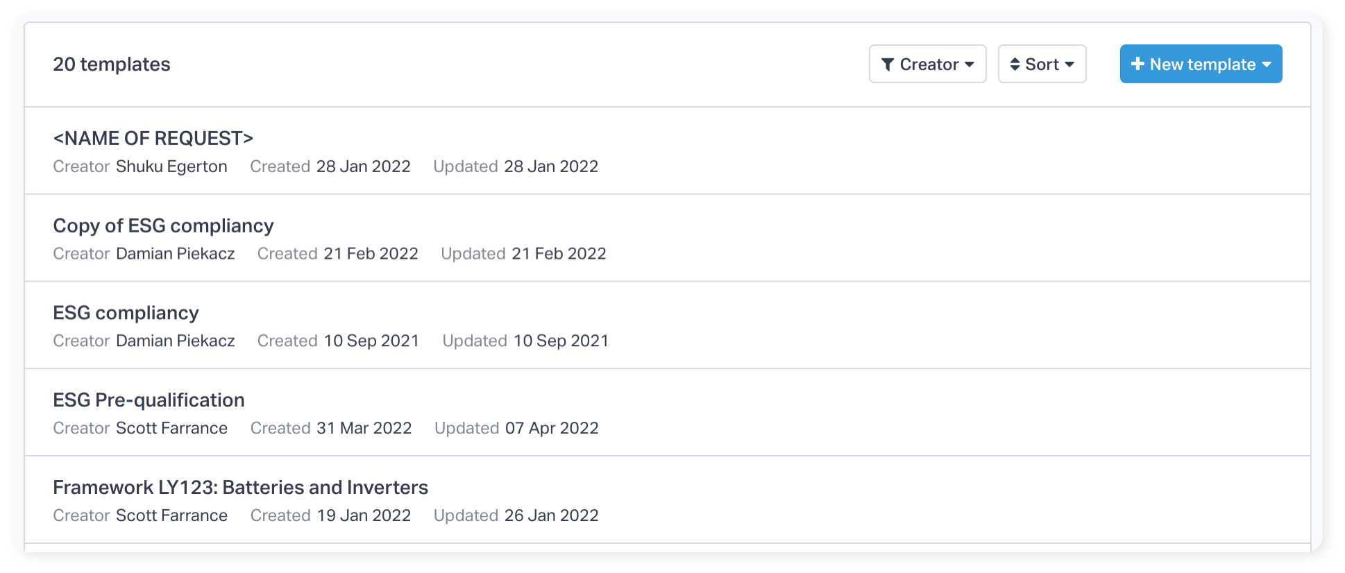 DeepStream software example list of templates to create a request from.