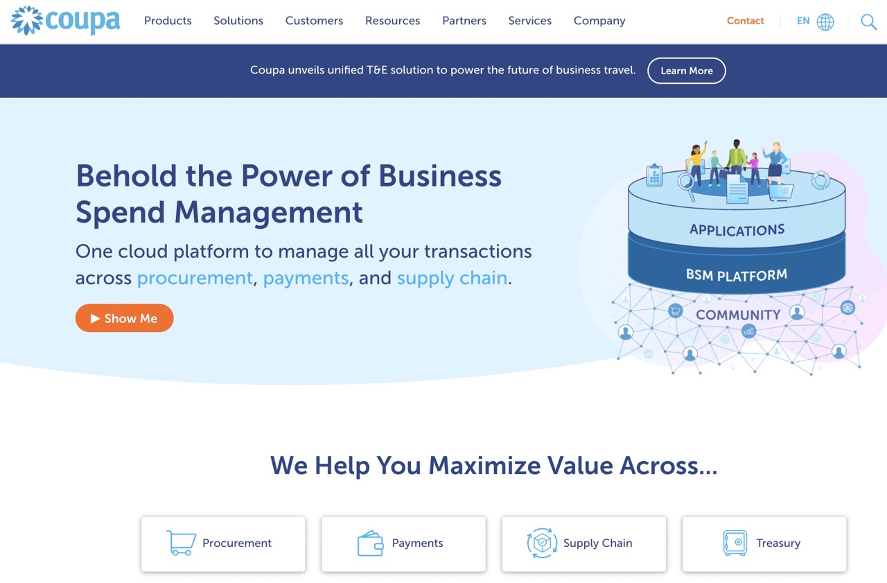 Website screenshot of the Coupa.com homepage.