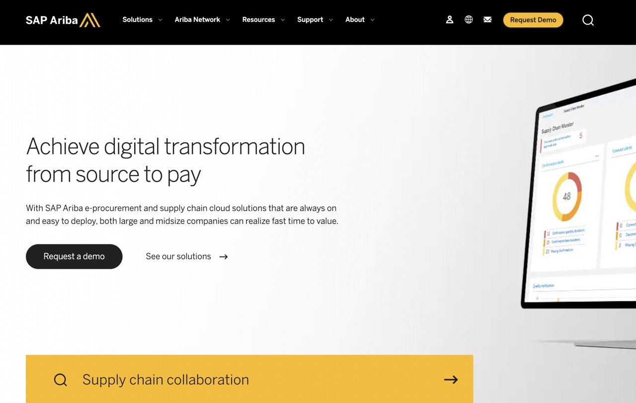 Website screenshot of the ariba.com homepage.