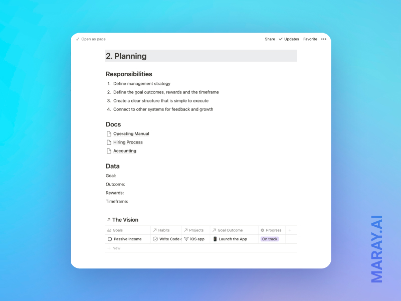 The planning section of the business system in Notion.