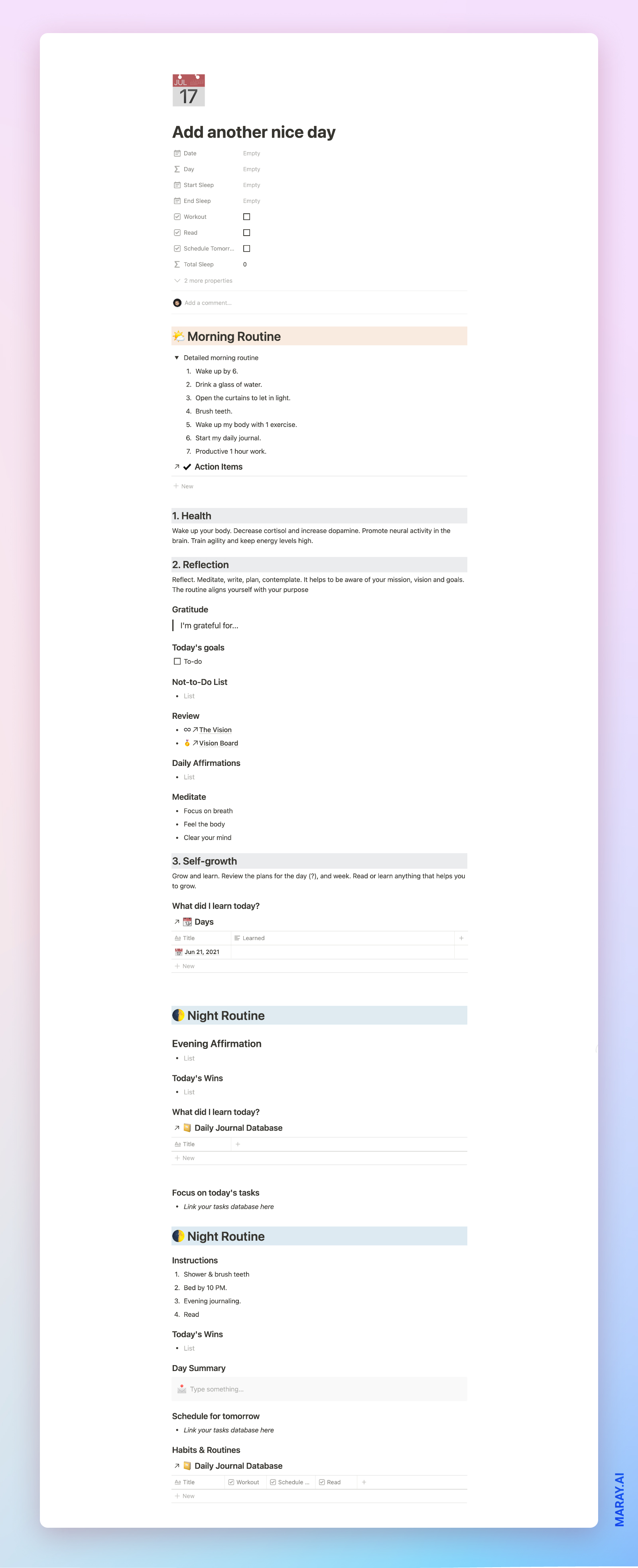 Notion daily journal template scree shot. It depicts the structure of my daily entries.