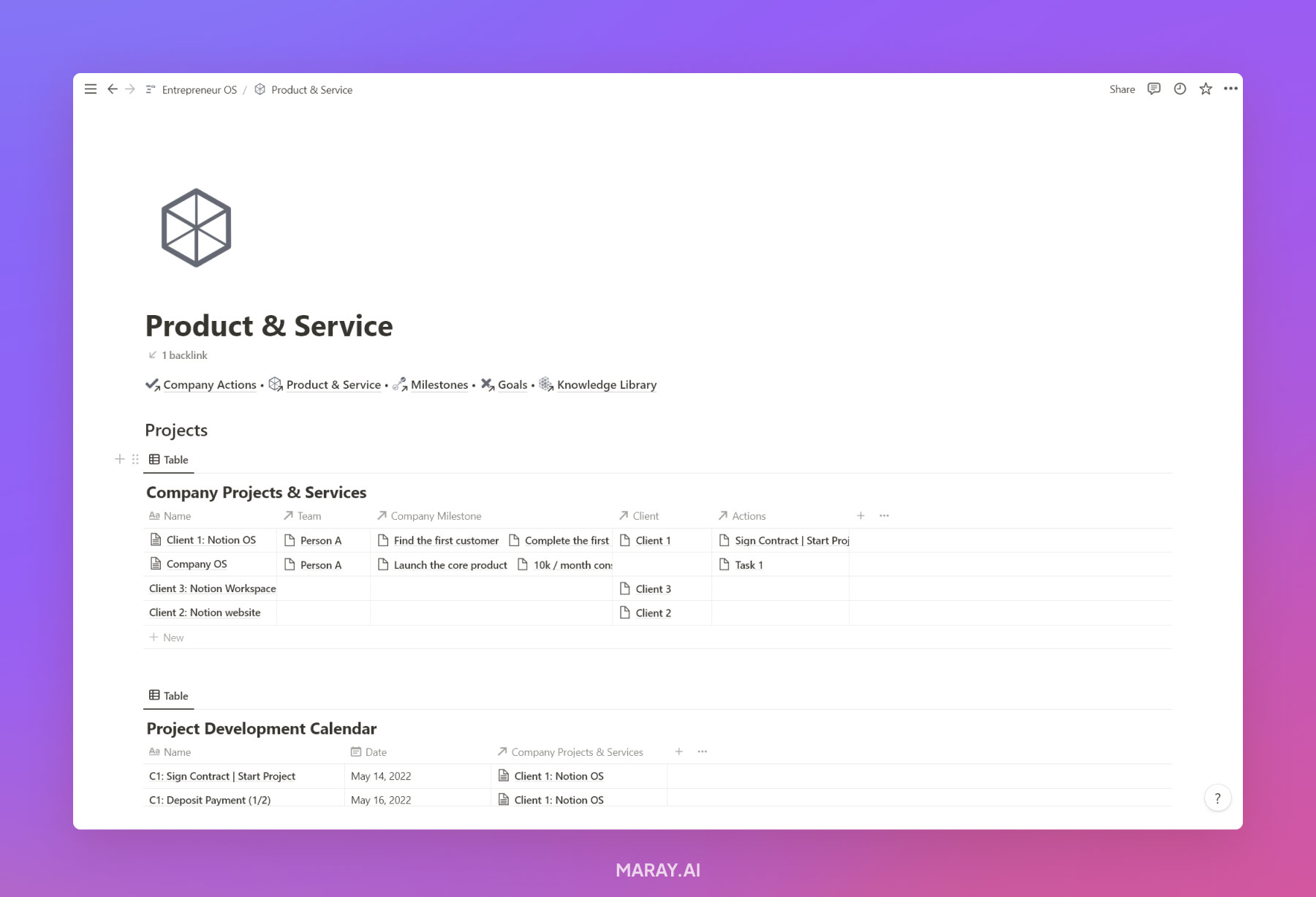 Project and service dashboard of my startup os in Notion.