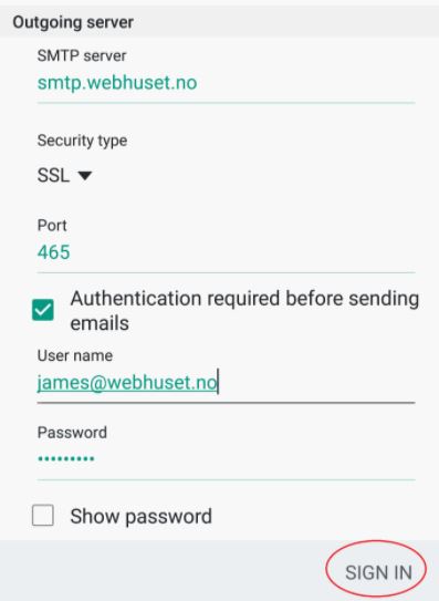 Fyll inn smtp server webhuset