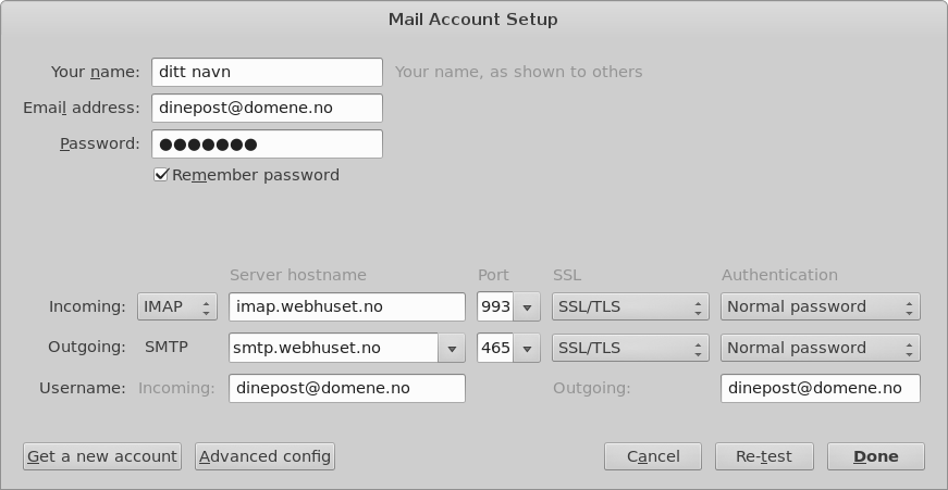 Steg 3: Fyll deretter ut feltene for innkommende og utgående epostserver samt Port, SSL og Authentication slik: