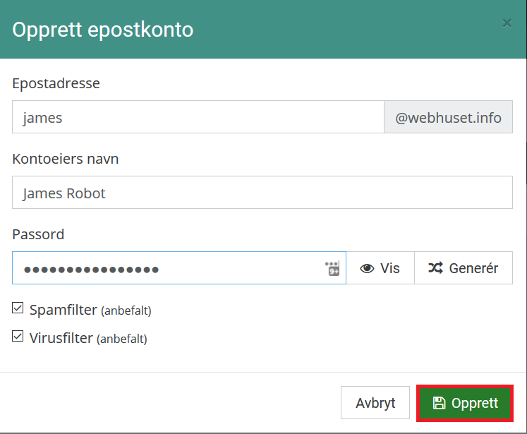 Velg opprett epostkonto
