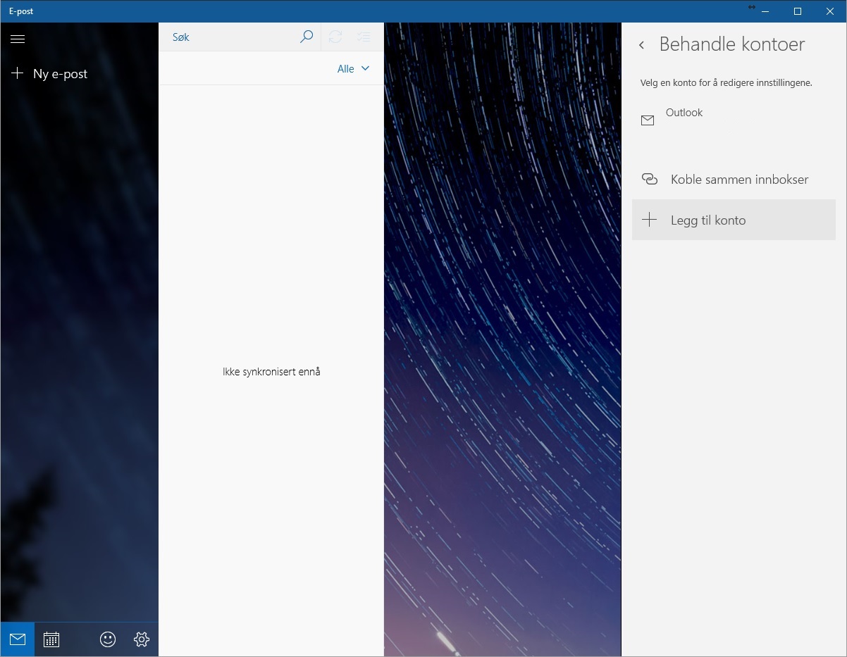 Oppsett av epostkonto i Windows 10 2 Åpne programmet og trykk på tannhjulet nede til venstre.