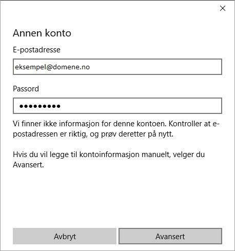 Oppsett av epostkonto i Windows 10 6 Forventet feilmelding - prøv på nytt