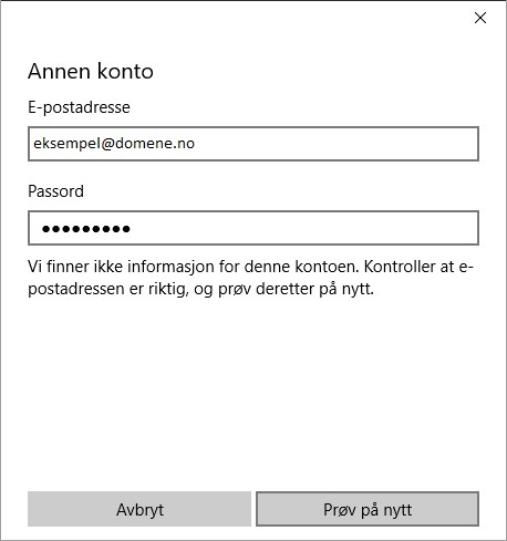 Oppsett av epostkonto i Windows 10 5 Skriv inn epost og passord