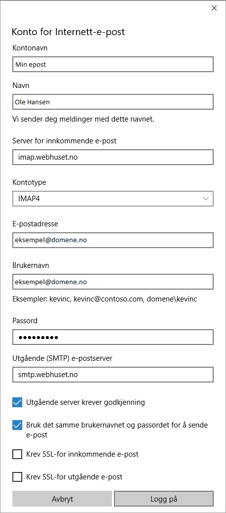 Oppsett av epostkonto i Windows 10 7 Klikk på avansert
