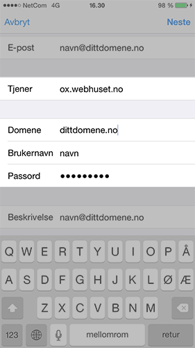 Hvordan sette opp iOS synkronisering via ActiveSync? 6 Fyll inn påkrevd informasjon