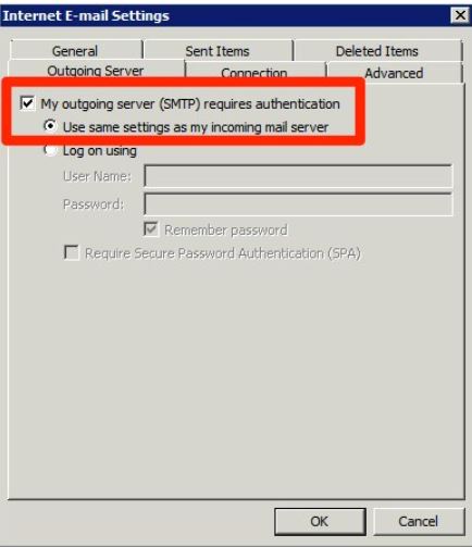 Klikk arkfanen Outgoing Server