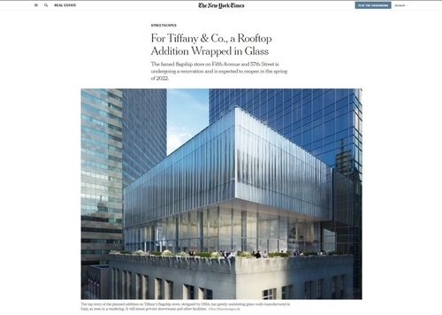 a screen shot of an article in the NYT of tiffany and Co's newest rendering of a glass addition to their flagship