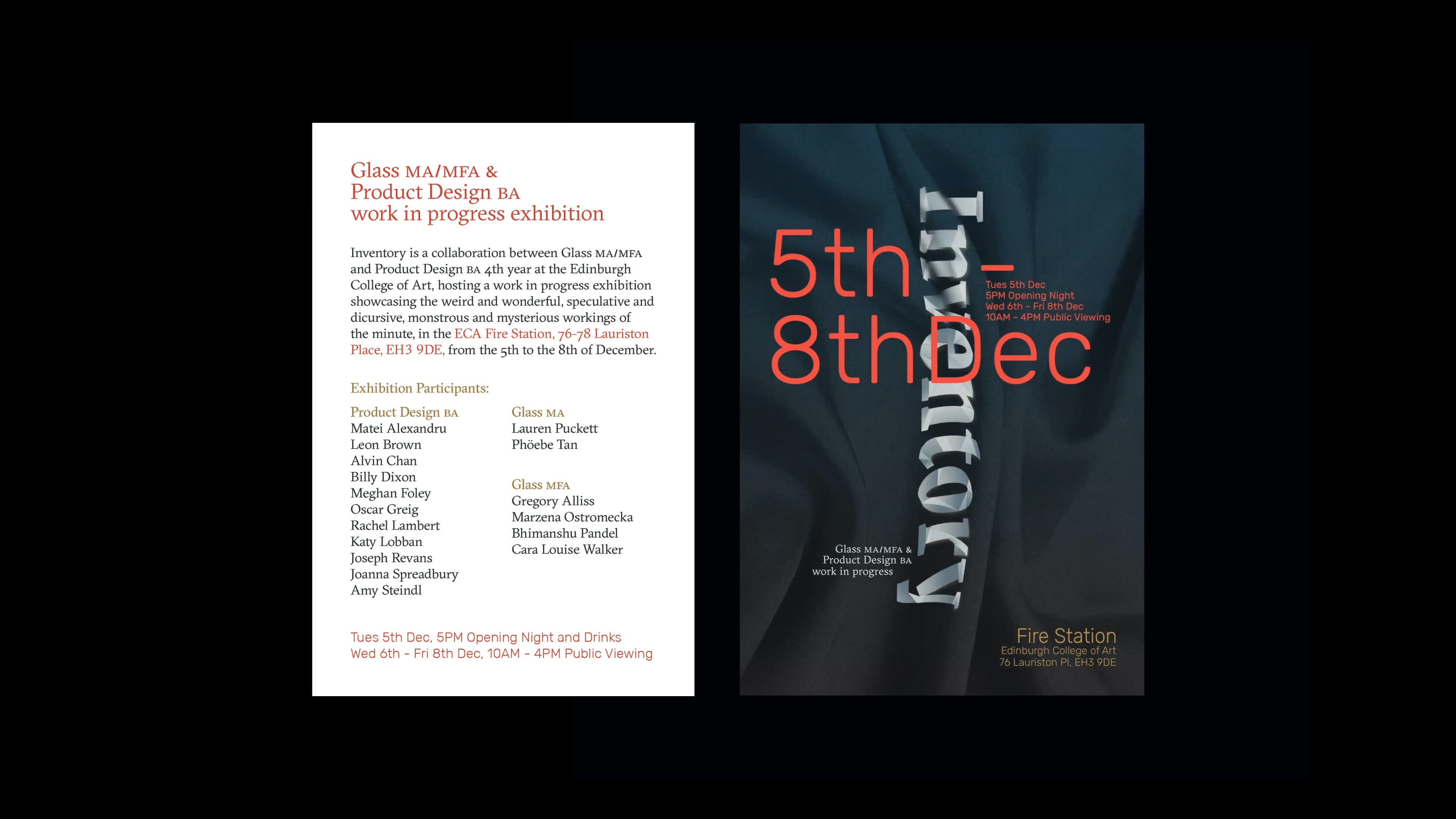 Identify for a cross-disciplinary exhibition of Product Design BA and Glass MA/MFA at Edinburgh College of Art, hosted in the former Edinburgh Lauriston Museum of Fire, on the theme of "Work in Progress", from the 5th to the 8th of December.