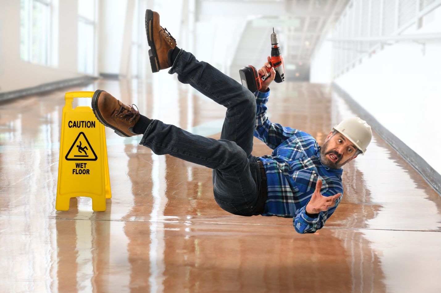 Trabajador deslizando en un piso mojado con taladro en la mano.