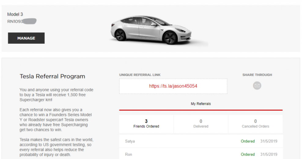An screenshot of the Tesla Referral Program webpage