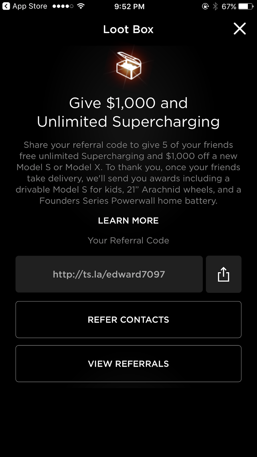 A screenshot showing the Tesla customer referral program.