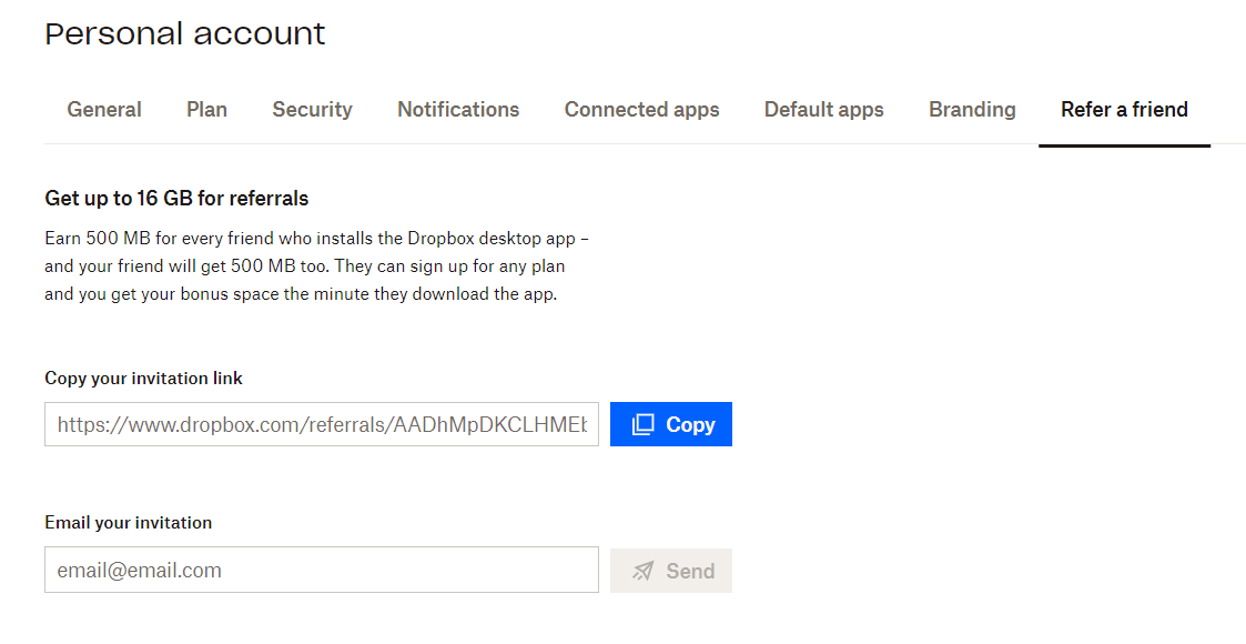 Picture showing the Dropbox ‘Refer a friend’ subpage.