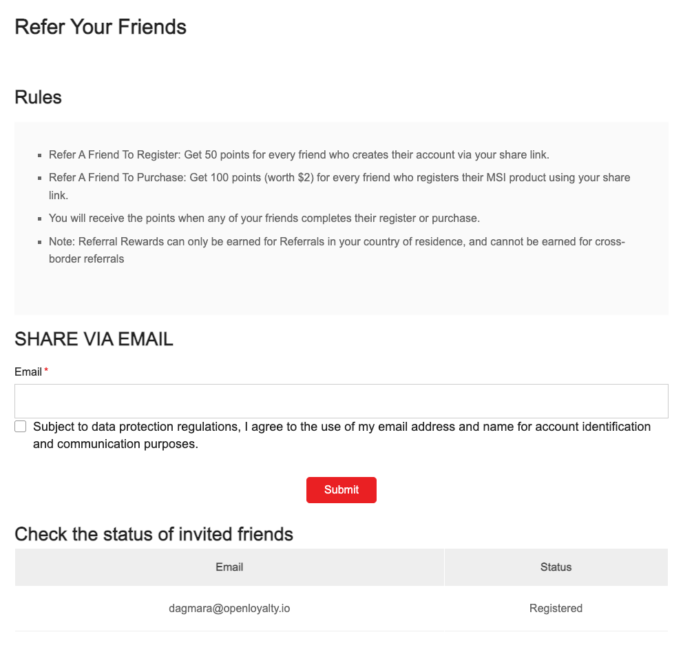 MSI's 'Refer Your Friends' webpage outlining referral rules and rewards.