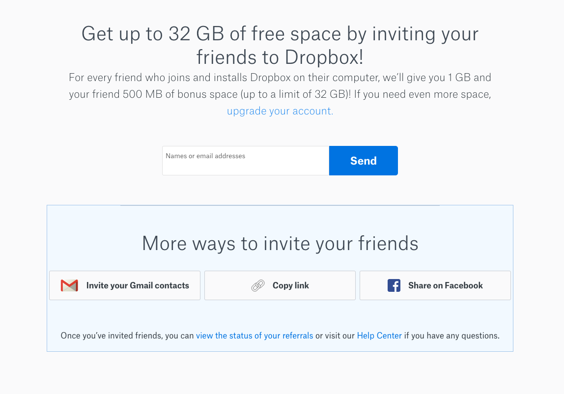 A picture showing the sharing center in the Dropbox referral program.