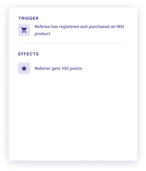 The MSI referral program rules configured with the Open Loyalty Campaign Language.