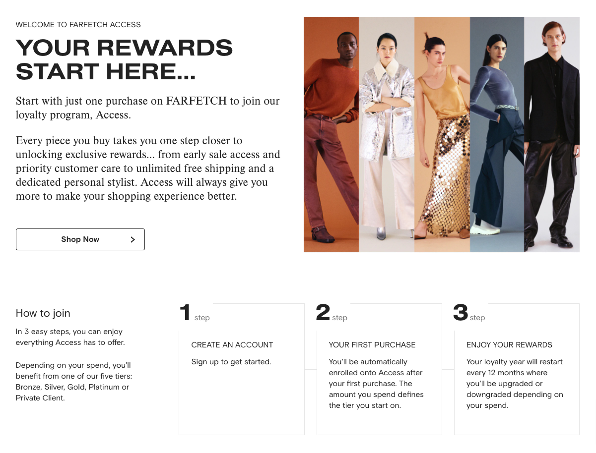Customers can easily join the FARFETCH "Access" loyalty program via the website.