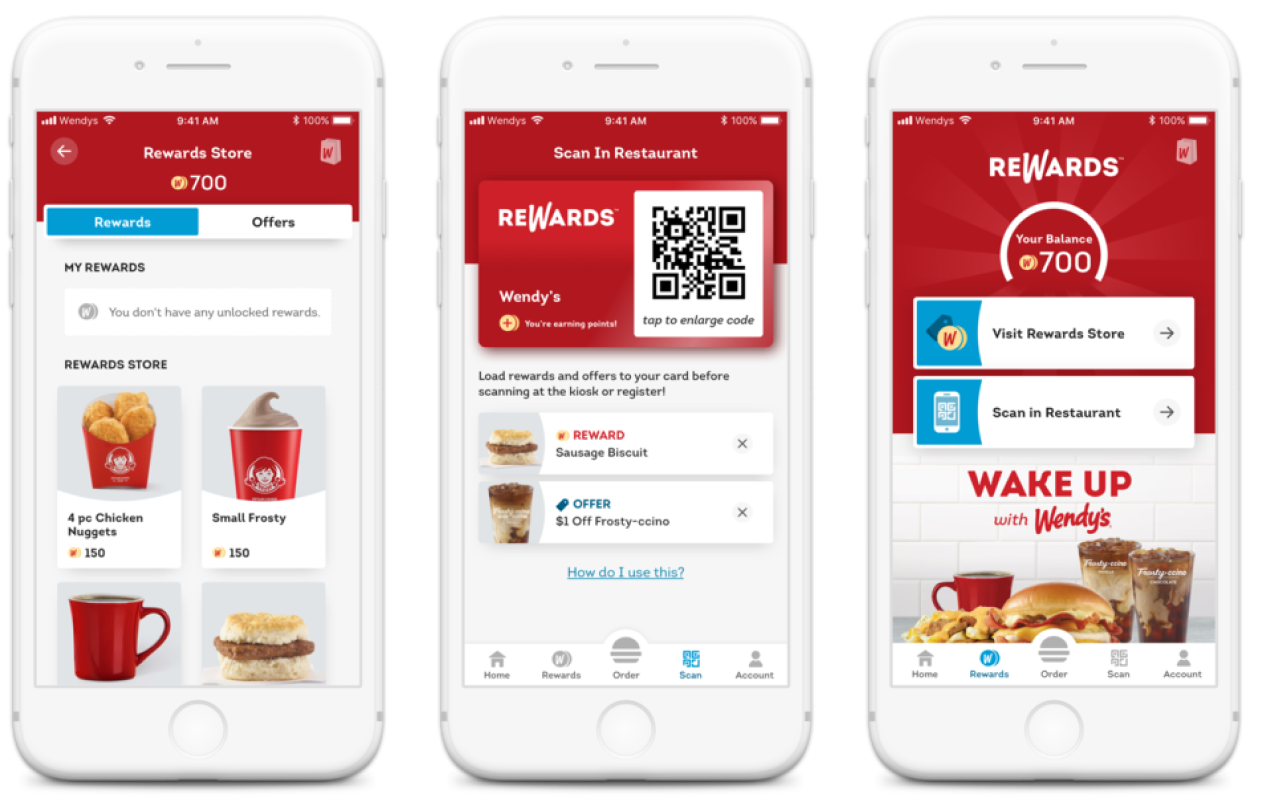 Wendy’s loyalty program app interface featuring a QR code, which is scanned upon purchase to claim points. The app also shows a selection of free food rewards that repeat customers can redeem.
