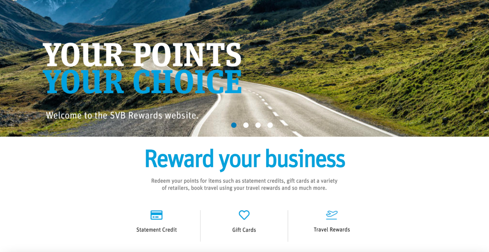 The SVB Rewards website featuring information regarding the program, as well as redemption options, such as gift card and cash back.