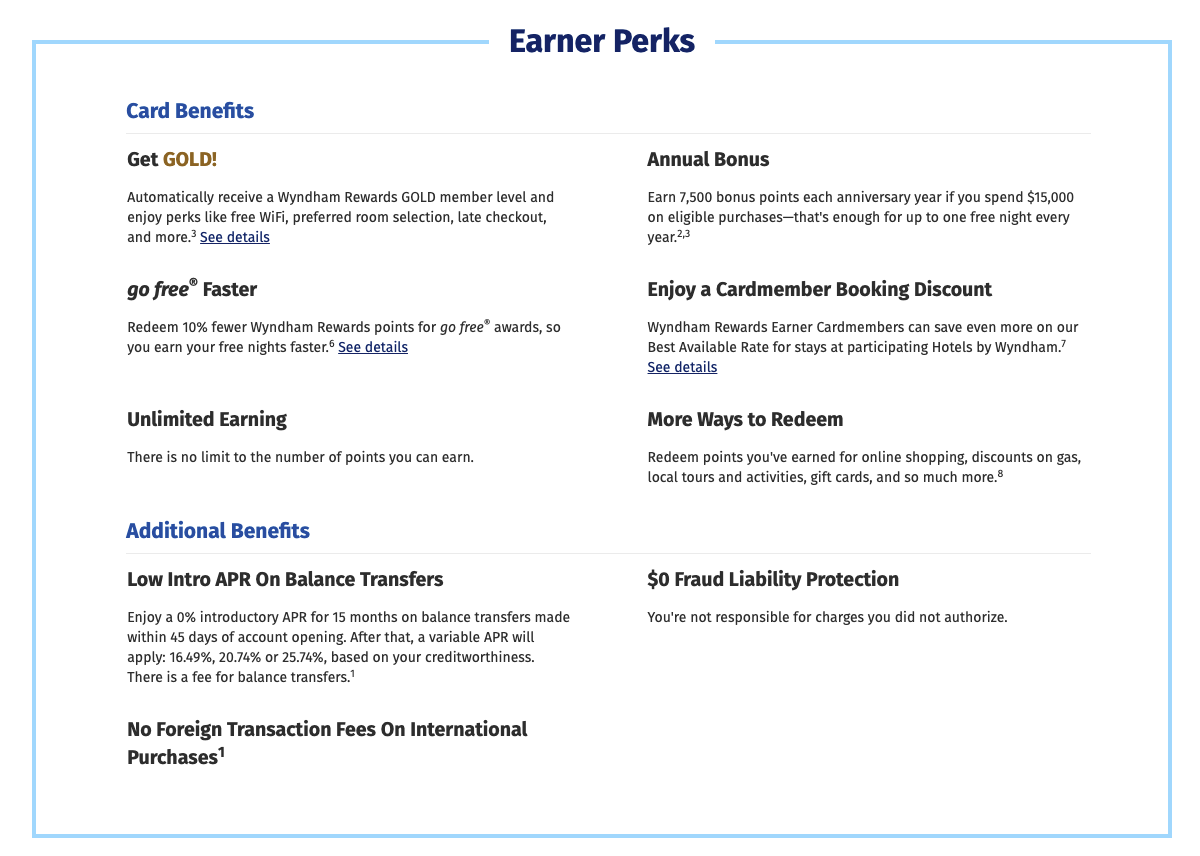 Earner Perks as part of the Wyndham Rewards Earner® Cards.