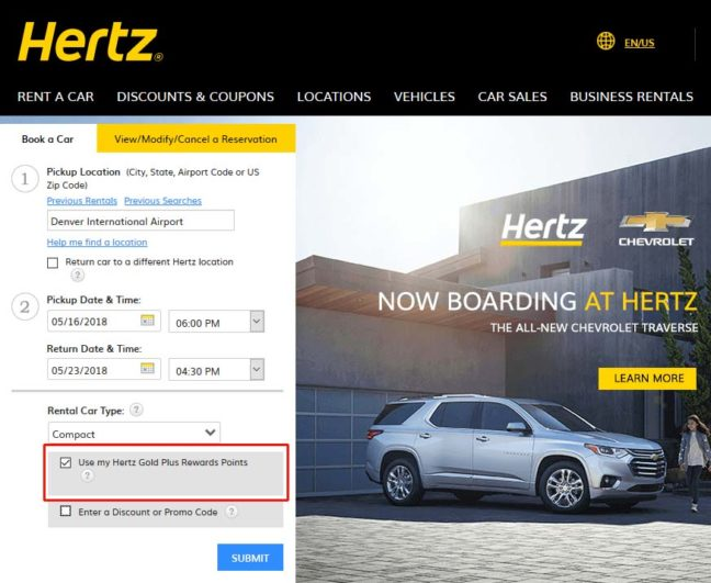 Renting a car using Hertz Gold Plus Rewards Points.