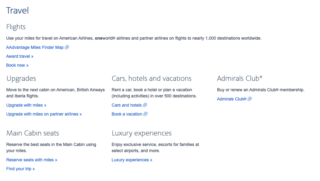 Ways to use miles in the AAdvantage® loyalty program.