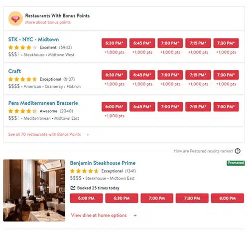 Restaurants with Bonus Points as part of the OpenTable loyalty program.