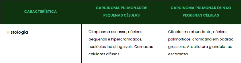 Características histológicas que diferenciam os tipos de neoplasias pulmonares. Fonte: Bases Patológicas das Doenças, KUMAR V, 2016.