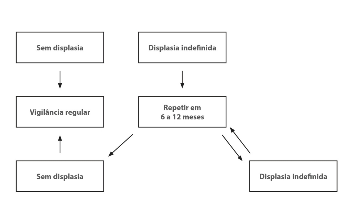 Manejo da displasia indefinida ou de baixo grau. Fonte: Tratado de gastroenterologia: da graduação à pós-graduação, 2016