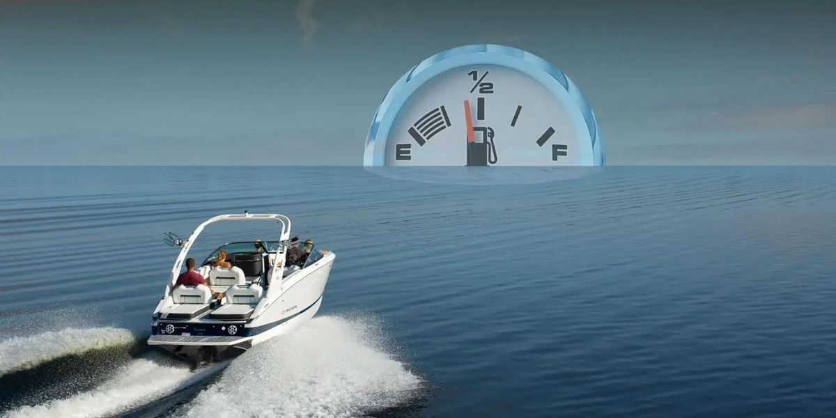 a motorboat sailing into the horizon with a fuel gauge in view