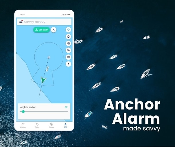Anchor alarm app shown over an anchorage