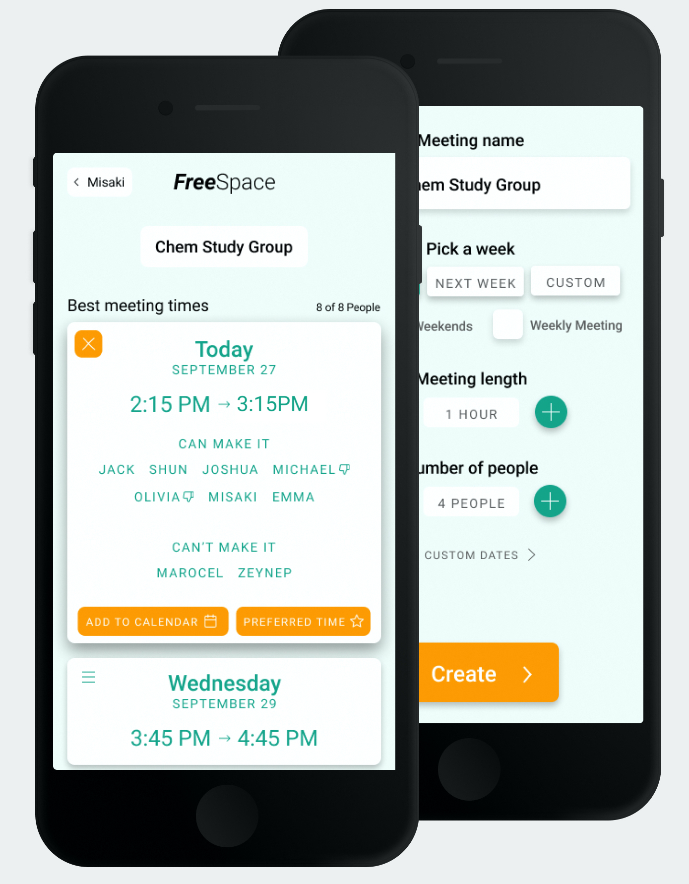 Two phones displaying scheduling app