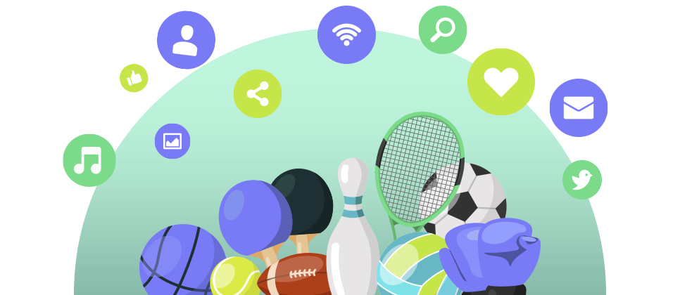 Objetos esportivos, como bola de futebol, de volêi e luvas de boxe e em volta deles elementos do marketing esportivo, como ícones redes sociais.