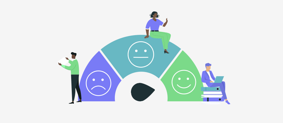Termômetro de satisfação do cliente com pessoas analisando ele.