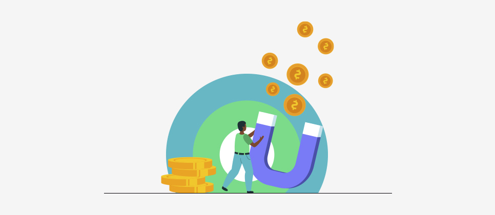 Homem segurando um imã que está atraindo moedas.