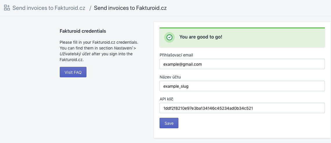 Prihlasovaci obrazovka v Shopify do aplikace Fakturoid. Zde zakaznik vlozi zkopirovany API klic