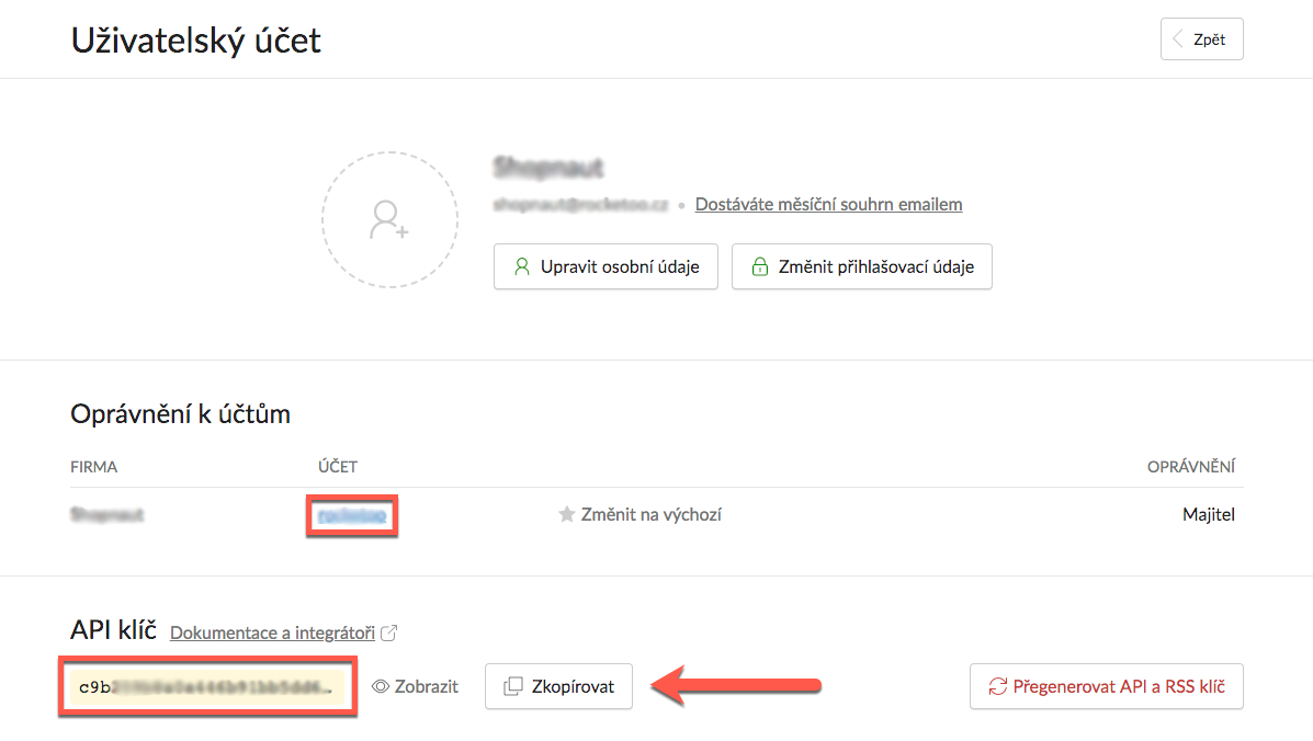 Uzivatelsky ucet na Fakturoid, ve kterem zakaznik zkopiruje API klic.
