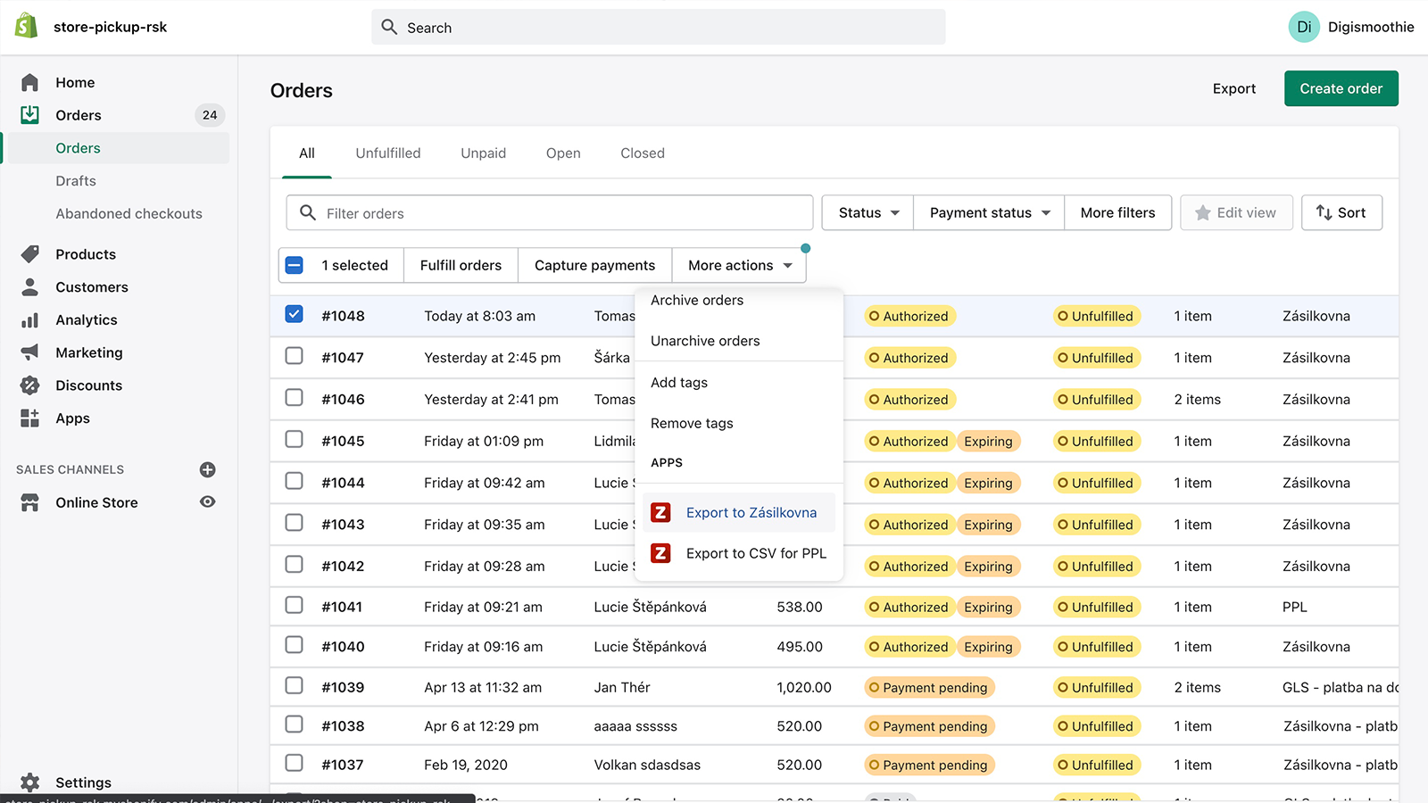 Export ze Shopify do Zasilkovna